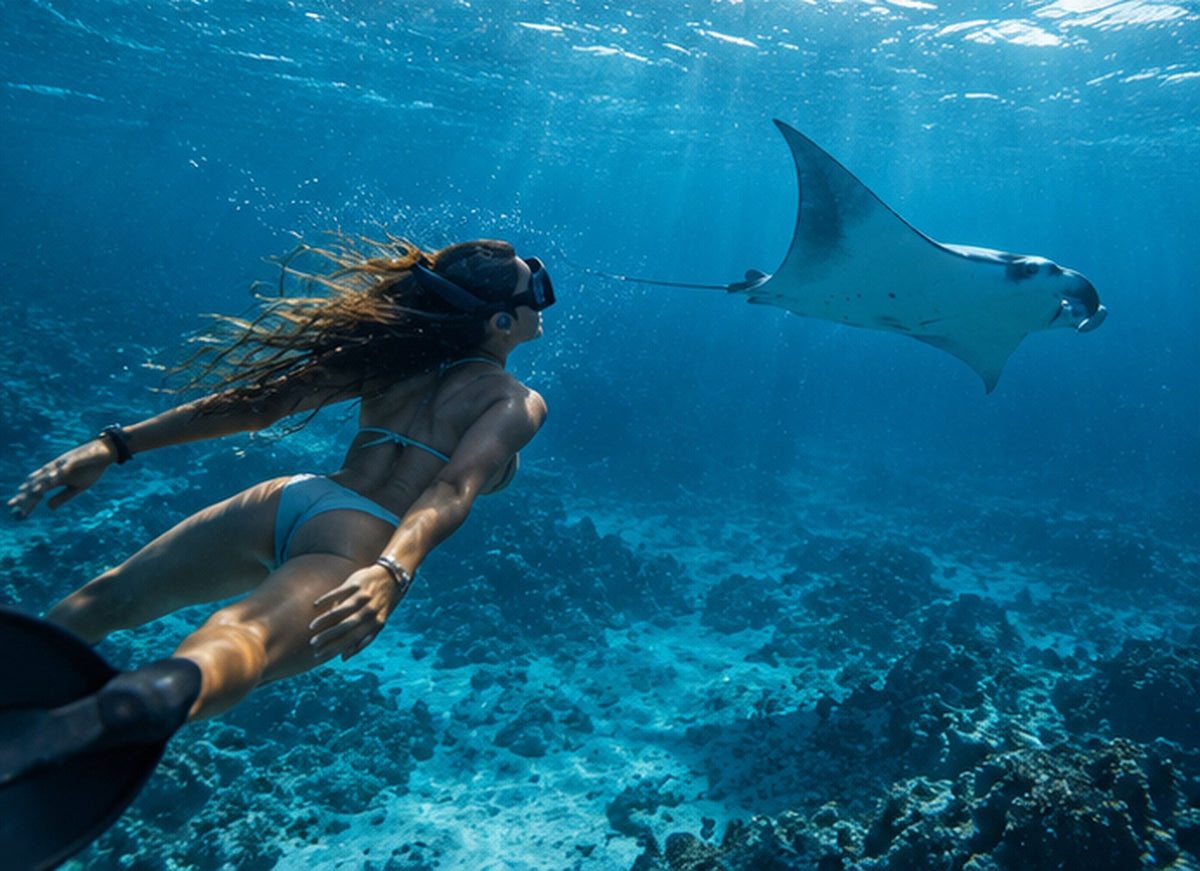 Una apneísta nada hacia una mantarraya sobre el arrecife