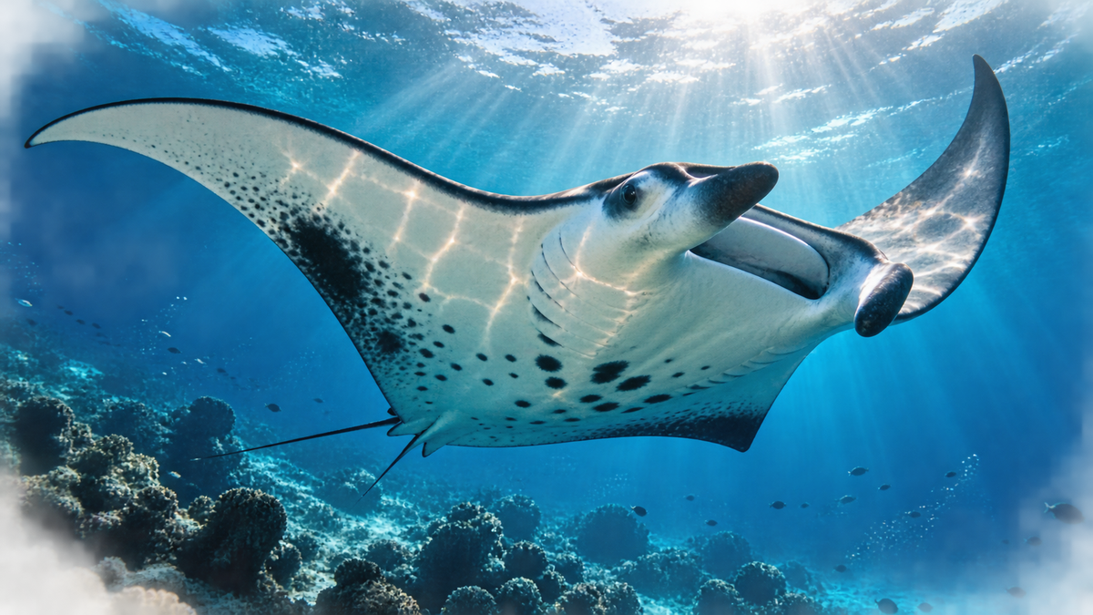 Una mantarraya nada hacia la cámara entre rayos de luz