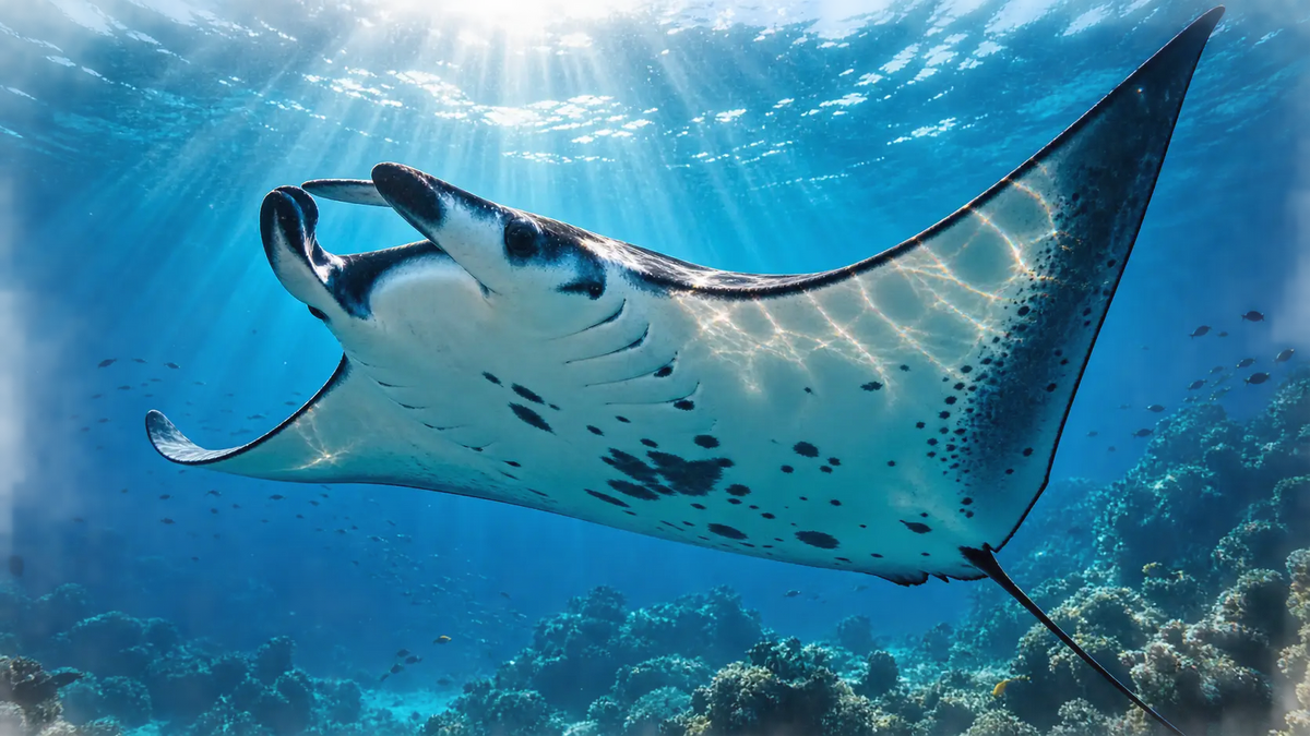 Una mantarraya gira sobre el arrecife entre rayos de luz