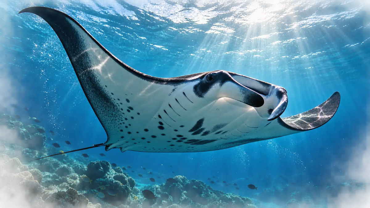 Una mantarraya nada bajo los rayos de sol sobre el arrecife