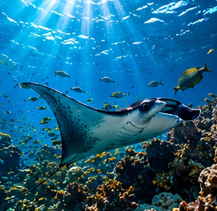 Mantarraya sobre un arrecife rodeada de peces