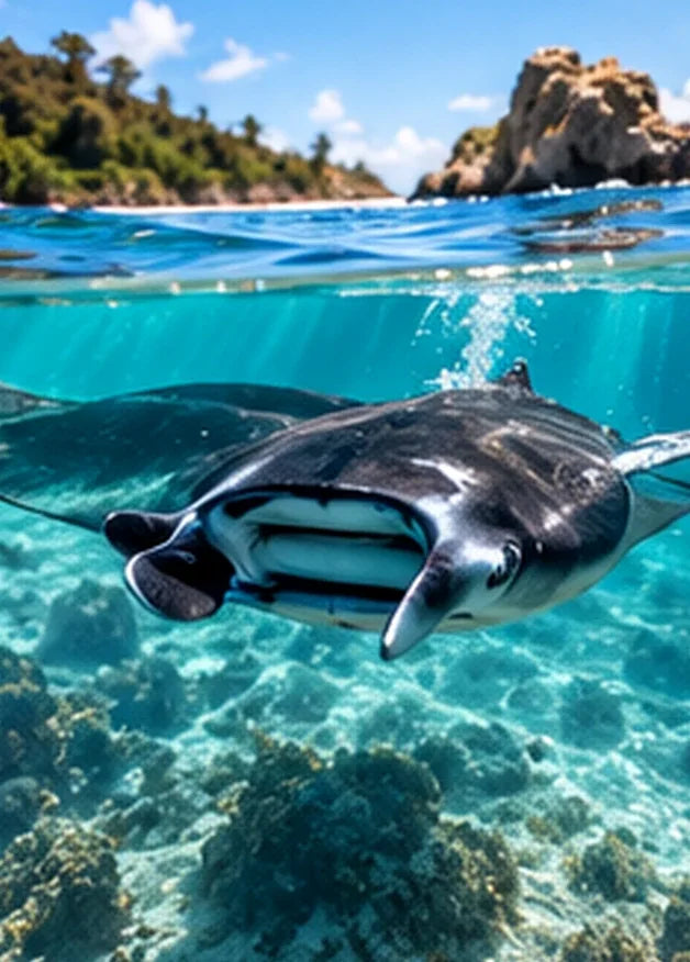 Mantarraya nadando junto a la superficie con la boca abierta
